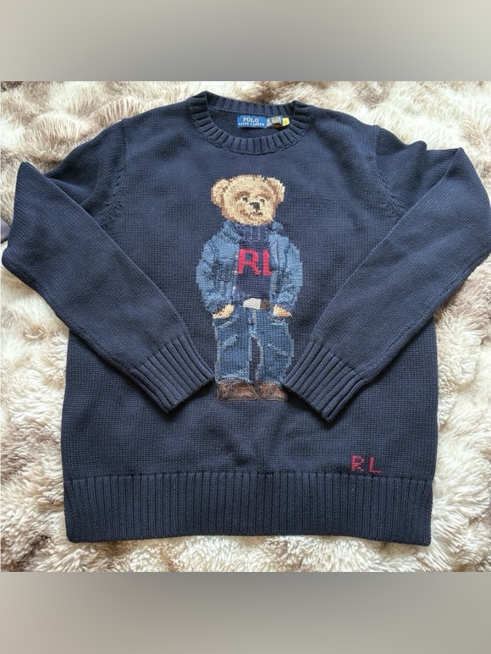 Ralph Lauren Navy Crewneck Sweater with Polo Bear Intarsia